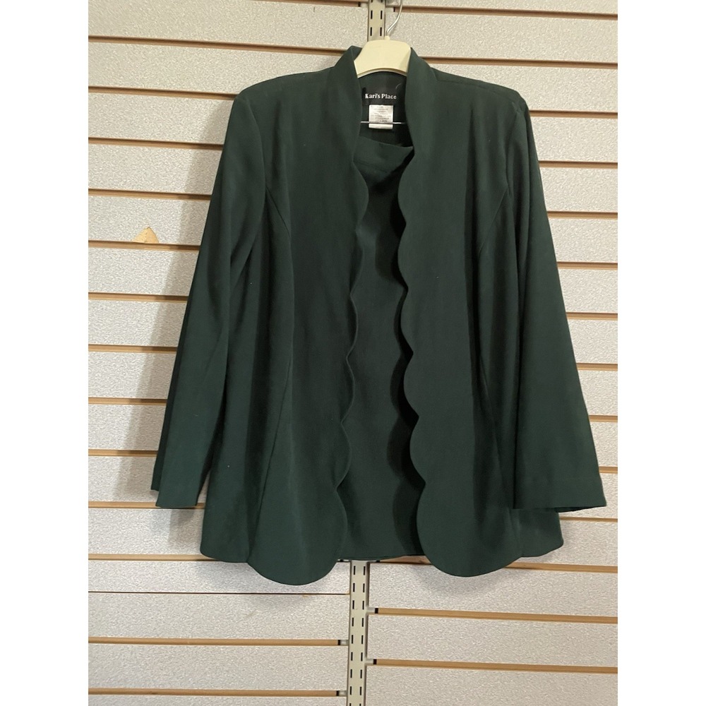 Kari's Place 2 Pc Skirt Suit Blazer Forest Green Women's Sz 16 Open Front Jacket